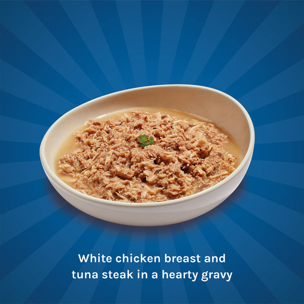 Chicken with tuna shreds in gravy